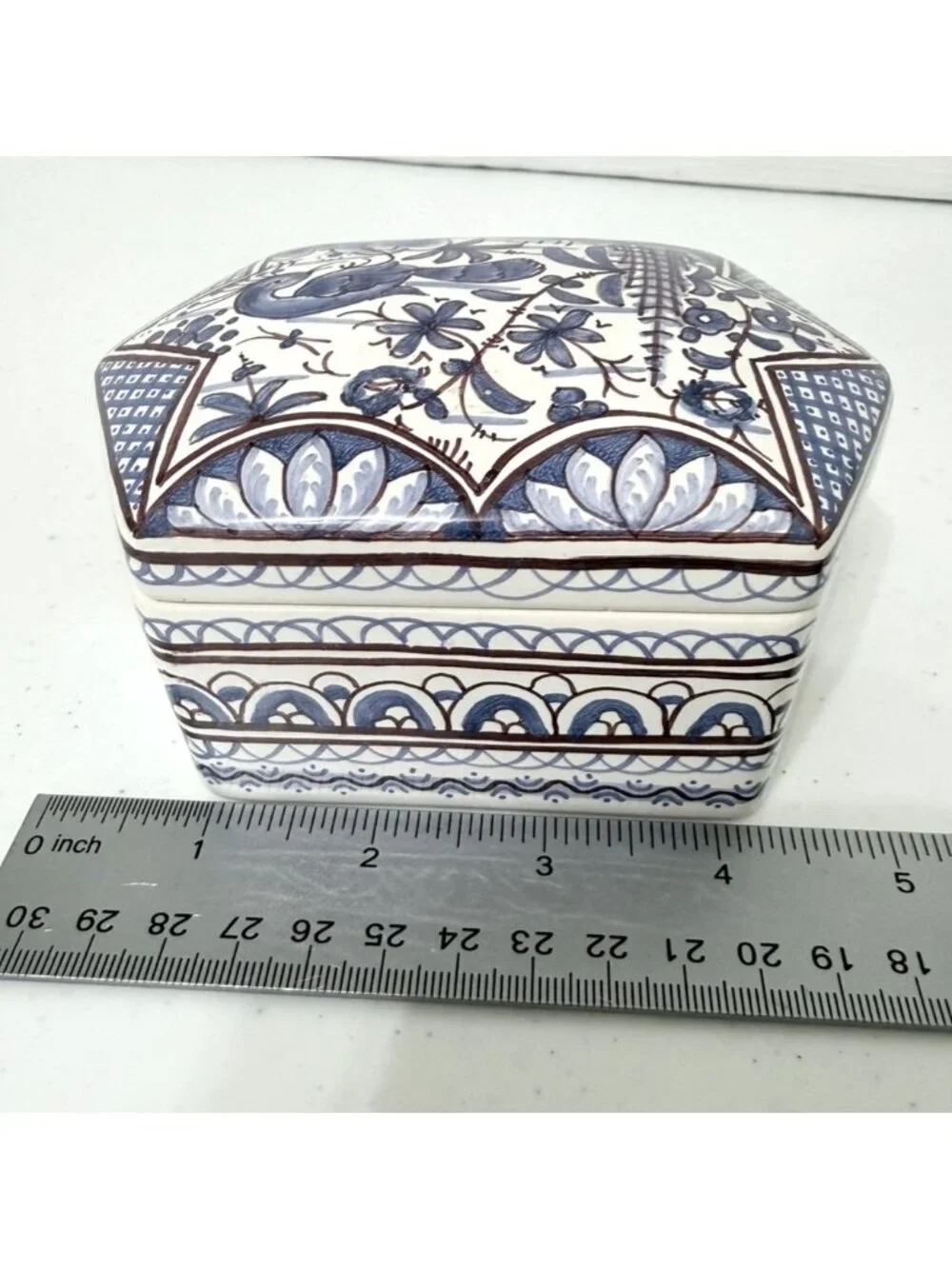 VTG Blue & White Chinoiserie Portugal Hand Painted Floral Lidded Trinket Box